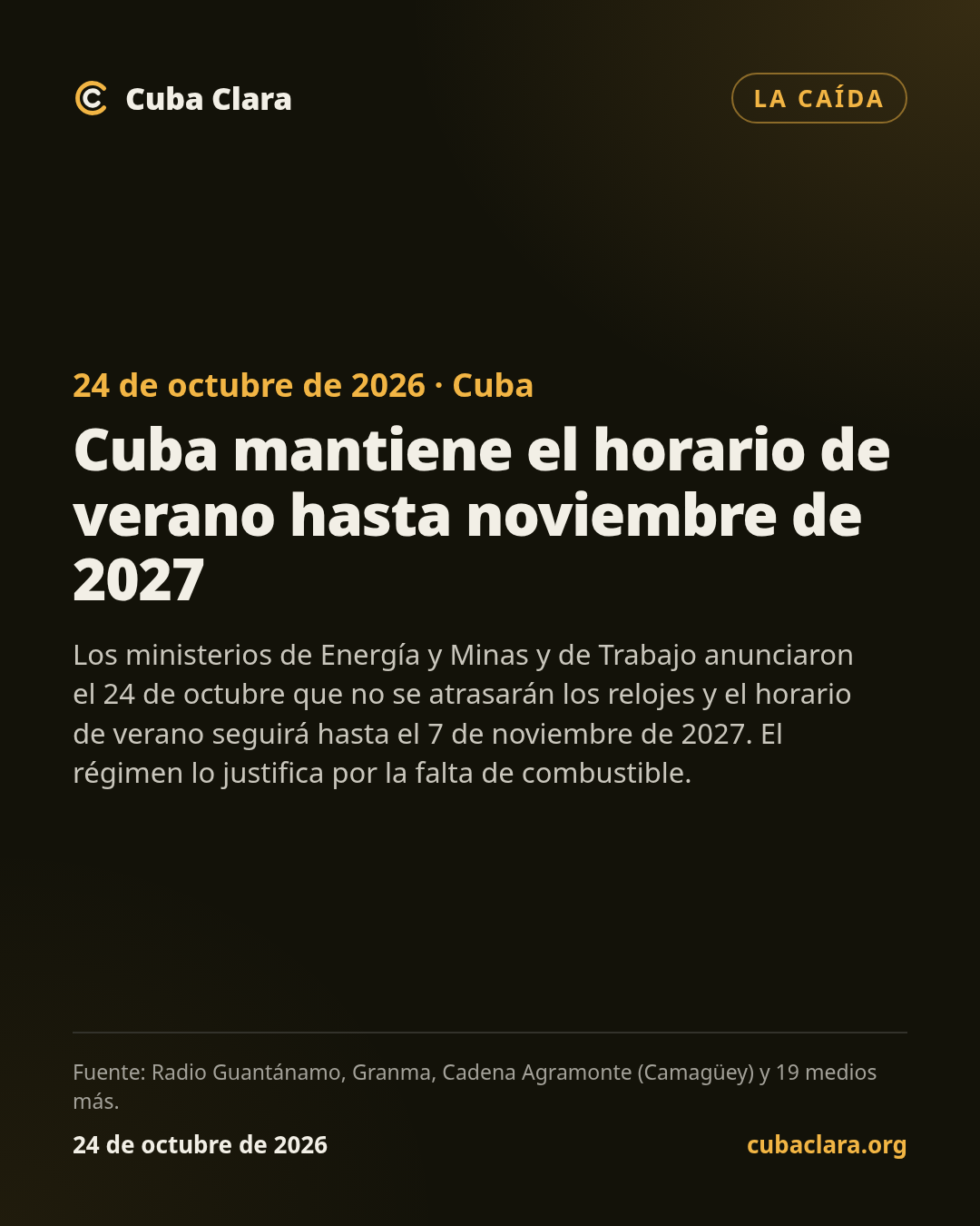 24 de octubre de 2026 · Cuba Cuba mantiene el horario de verano hasta noviembre de 2027