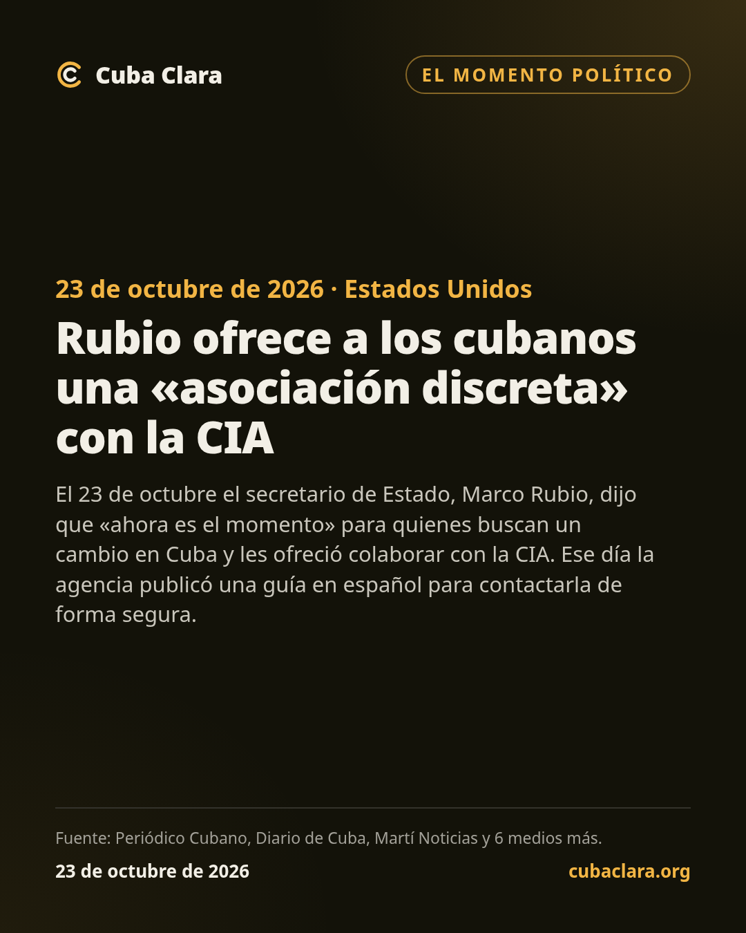 23 de octubre de 2026 · Estados Unidos Rubio ofrece a los cubanos una «asociación discreta» con la CIA