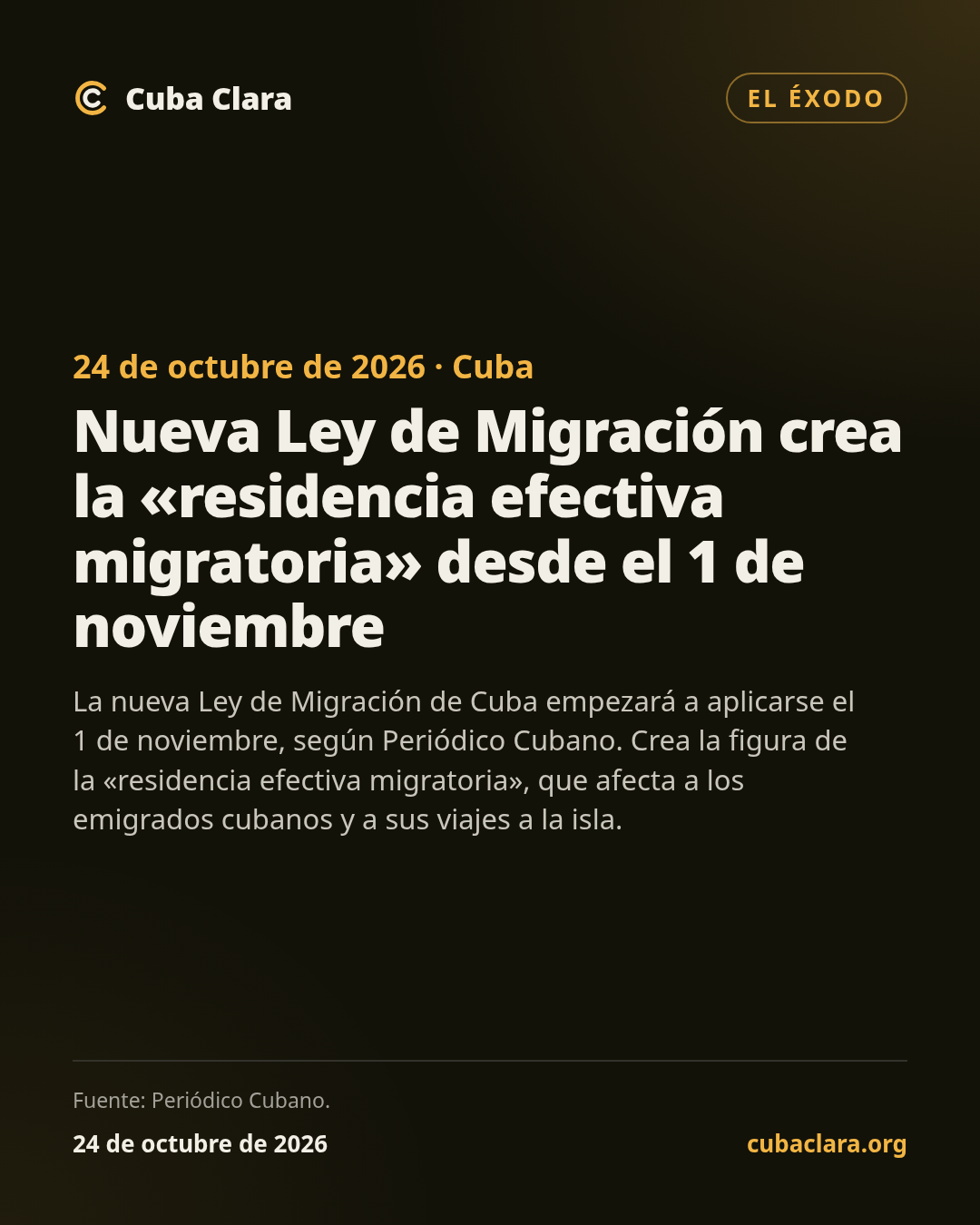24 de octubre de 2026 · Cuba Nueva Ley de Migración crea la «residencia efectiva migratoria» desde el 1 de noviembre
