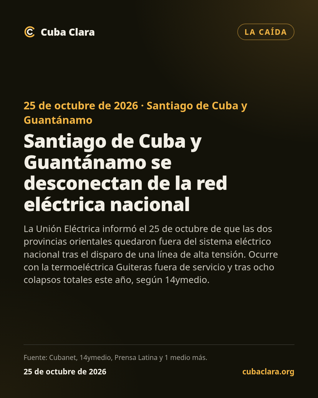 25 de octubre de 2026 · Santiago de Cuba y Guantánamo Santiago de Cuba y Guantánamo se desconectan de la red eléctrica nacional
