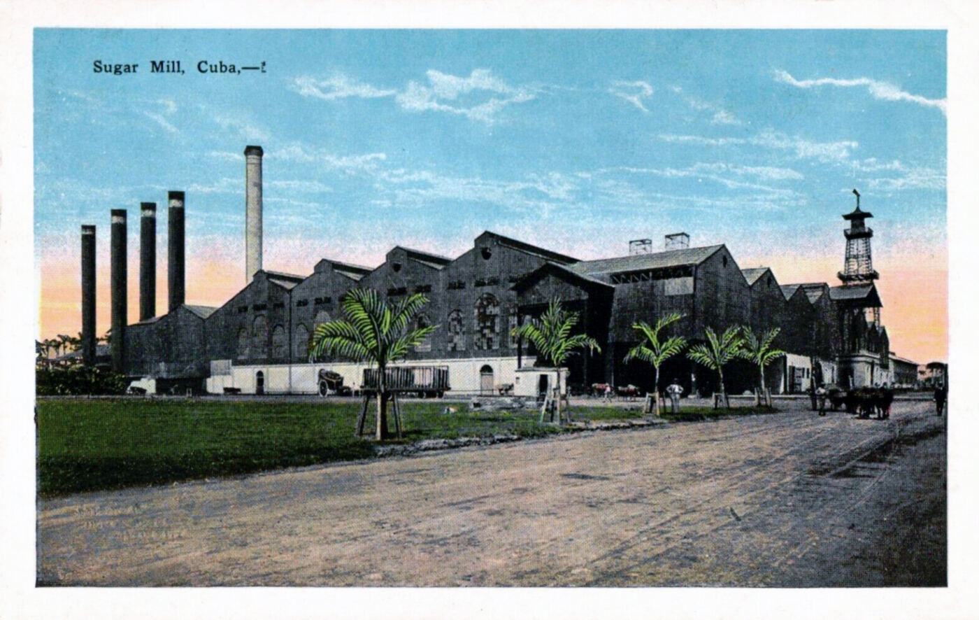 Postal coloreada de un gran central azucarero cubano con varias chimeneas, hacia 1920