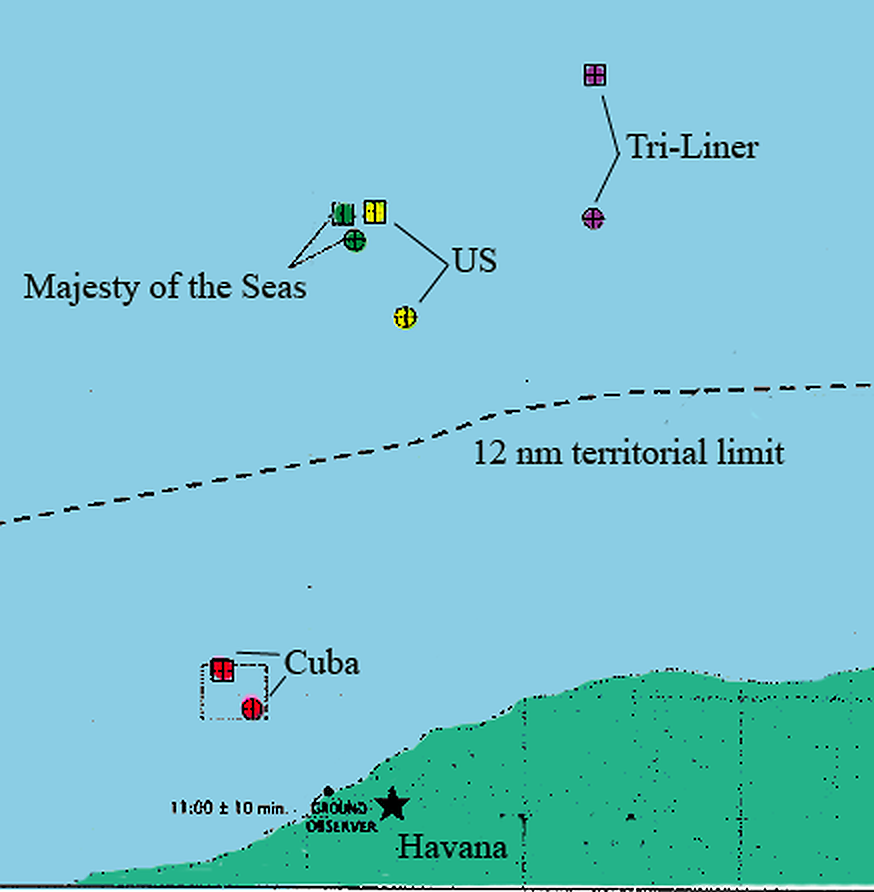 Mapa del estrecho entre Cuba y la Florida con el límite de 12 millas y los puntos donde cada fuente sitúa los derribos