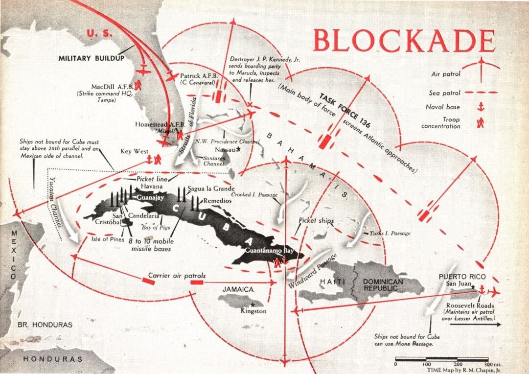 Mapa de la época con el cerco naval de Estados Unidos alrededor de Cuba en 1962