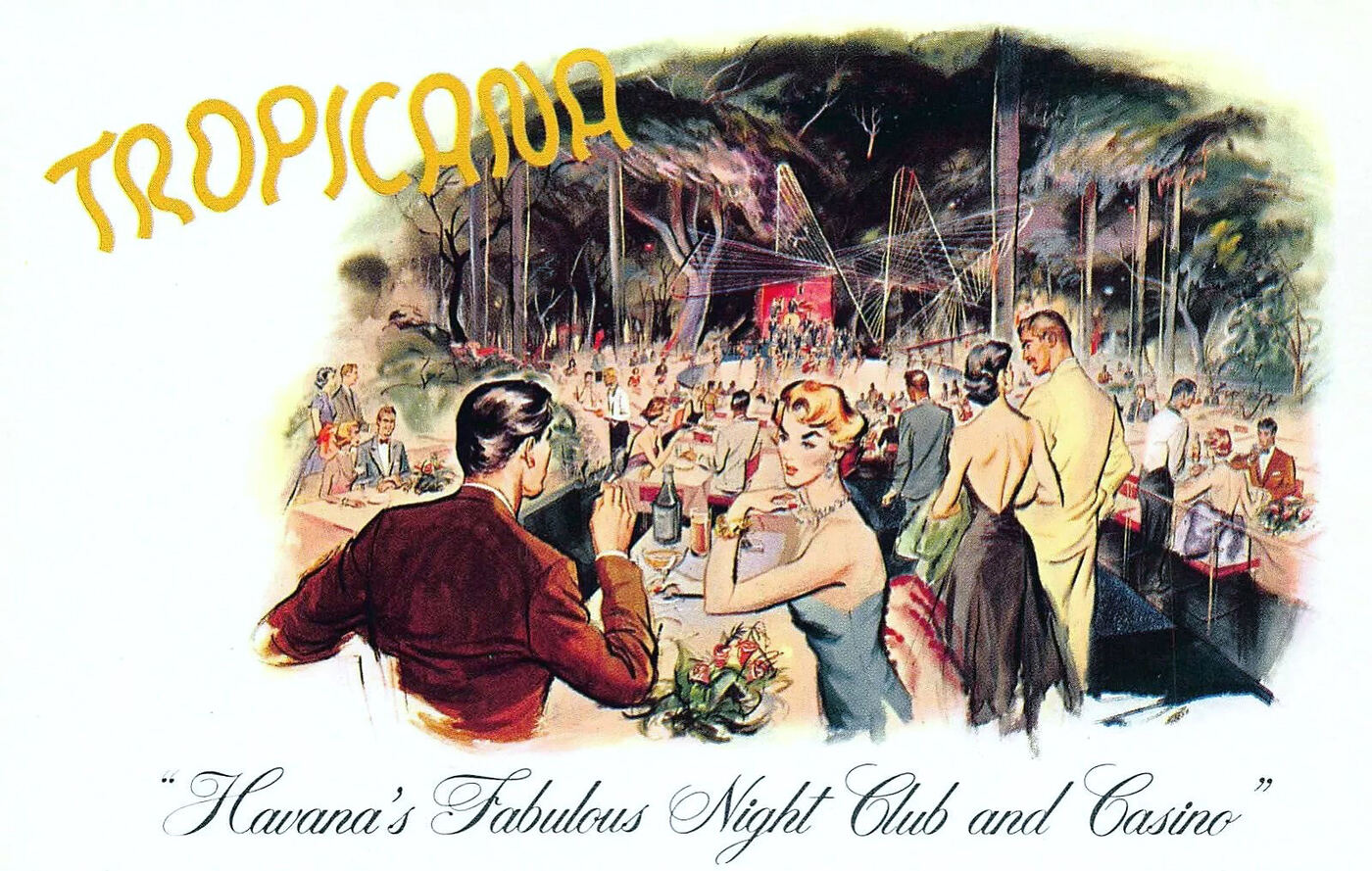 Postal ilustrada del cabaret Tropicana con parejas bailando bajo los árboles
